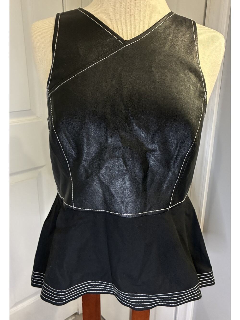 BCBGMAXAZRIA Luella Faux Leather Peplum Top Black Contrast Stitch Medium